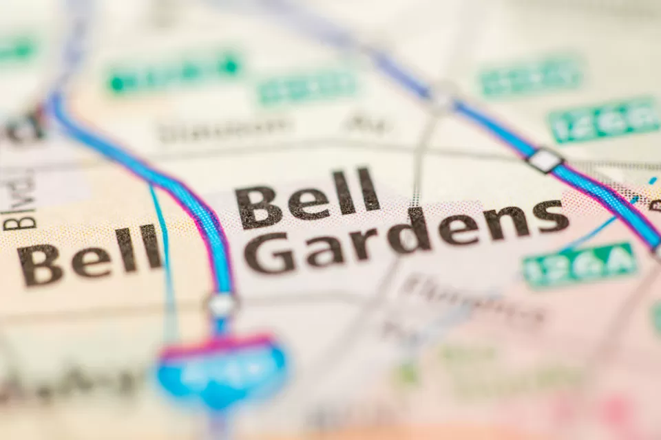 A map showing Bell Gardens, California in focus, with all surrounding cities and roads blurred.